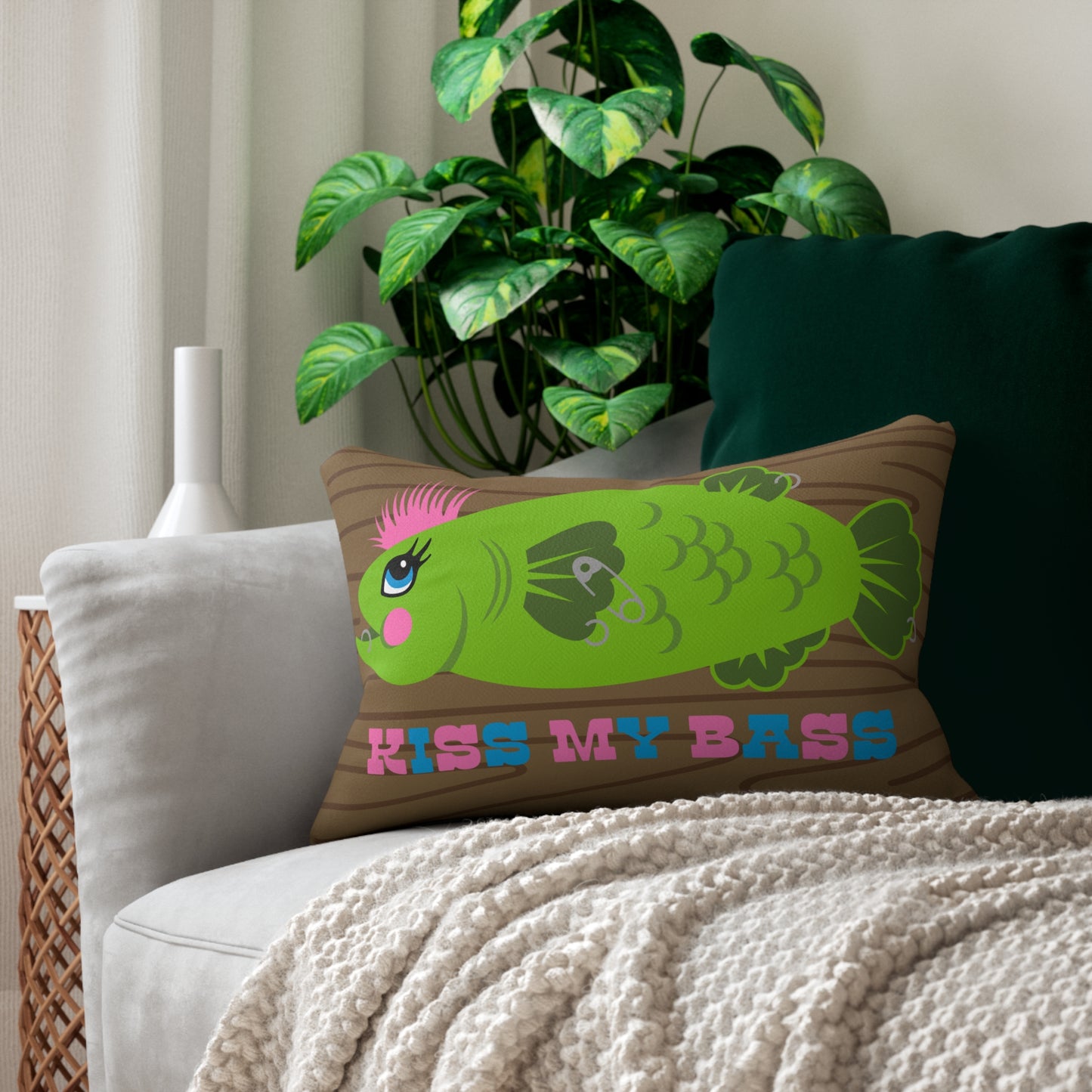 Kiss My Bass Punk Fish Throw Pillow