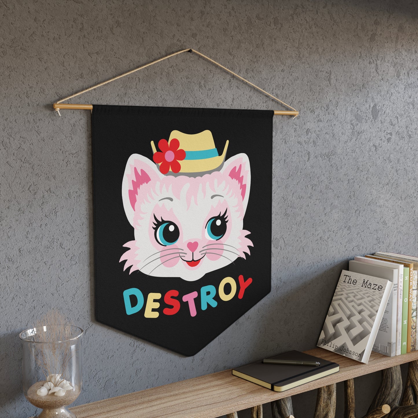 Cute Kitty Destroy Pennant Wall Hanging