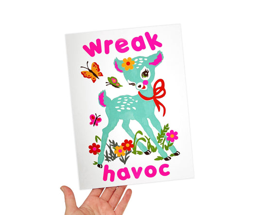 Cute Retro Deer Wreak Havoc Risograph Art Print