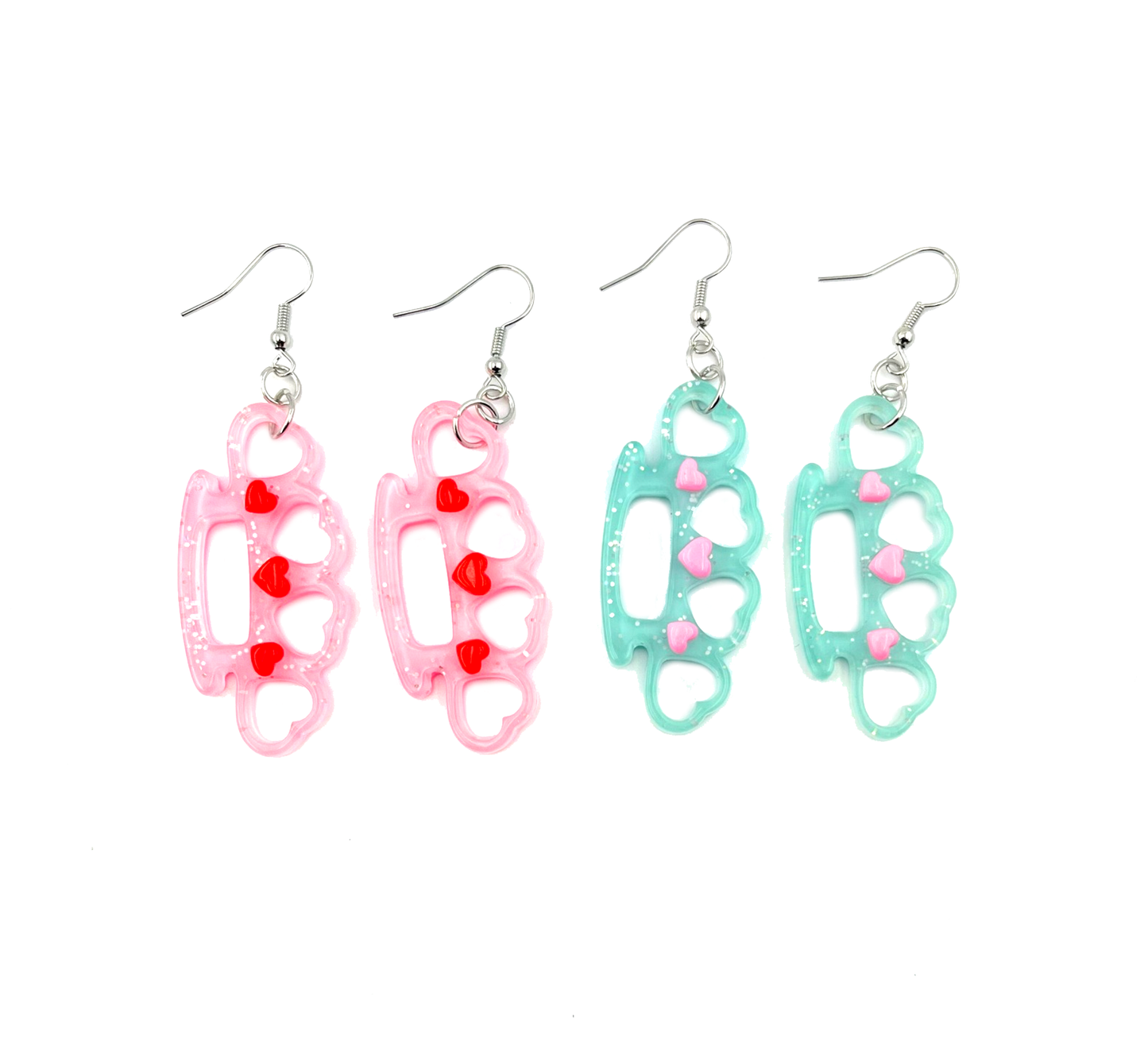 Brass Knuckles and Hearts Glitter Earrings